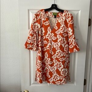 Tracy Porter Orange and White V-Neck Sundress with Bell Sleeves